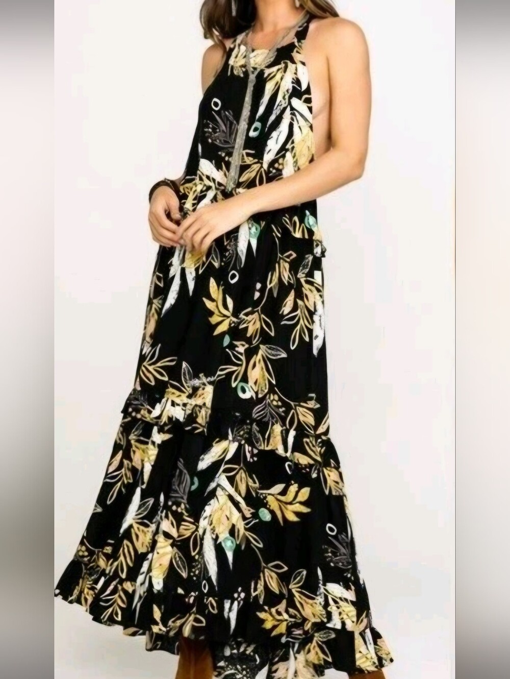 Free People Black Floral Halter Style 100% Cotton Maxi Dress Size Large